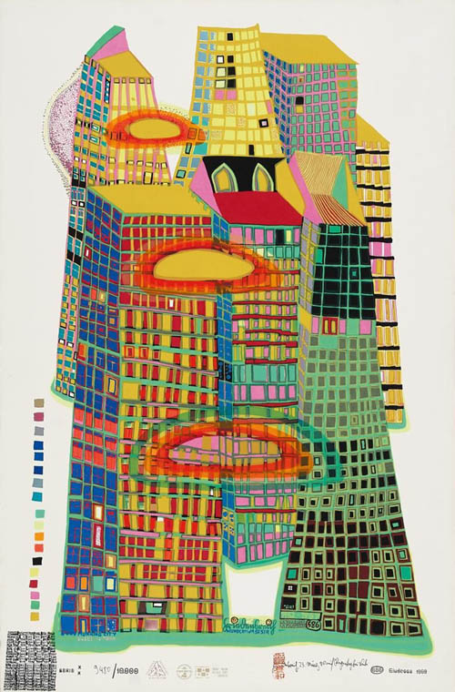 Hundertwasser - Good Morning City - Bleeding Town - series XX - 1969 color screenprint